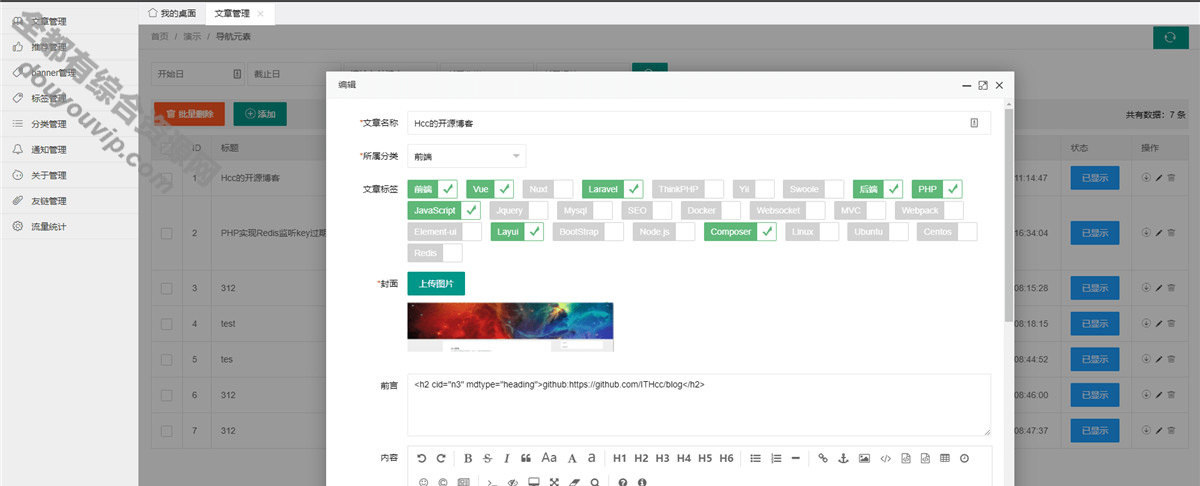 基于vue百口桶开辟的的HCC小我博客，前后端分手5650 作者:逐日更新 帖子ID:1326 vue,源码,layui,API